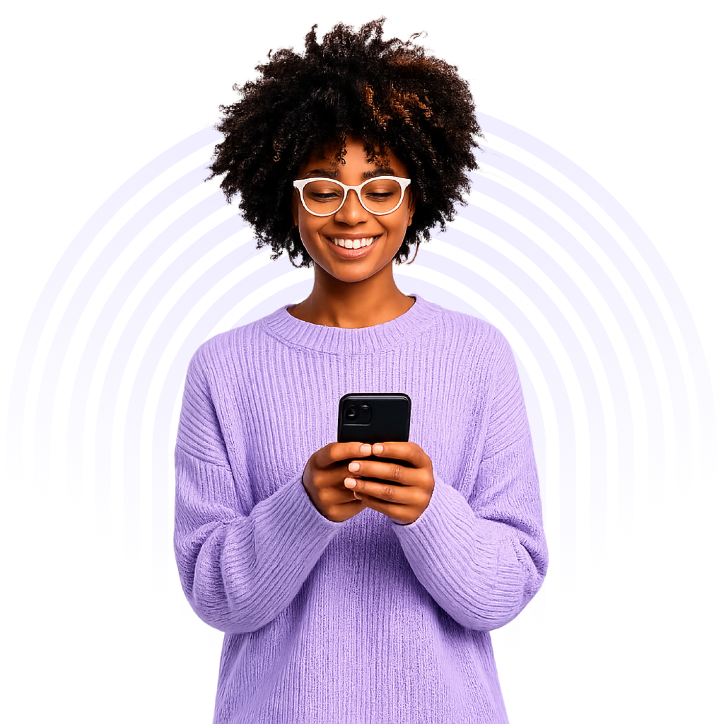 Woman using RexiptPay on her phone, surrounded by chat bubbles